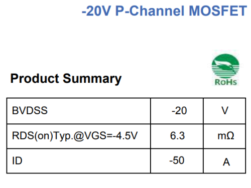 ASDM20P50KQ是一款国产P-MOS管，品牌：安森德 ASCENDSEMI，主要应用于电源开关、电池保护板等