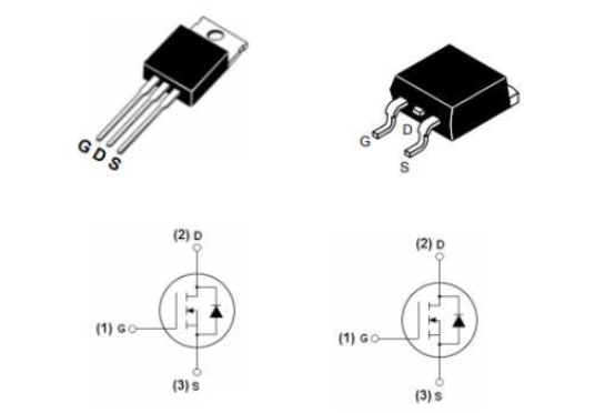 MOSFET有三个引脚：栅极(G)、漏极(D)和源极(S)示意图