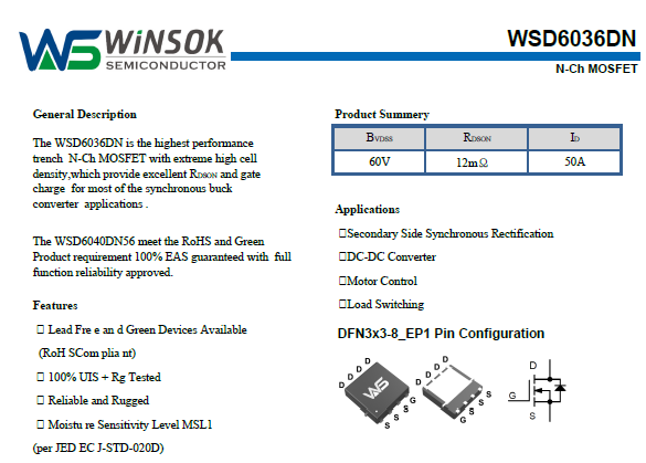 60V耐压N-MOS管WSD6036DN