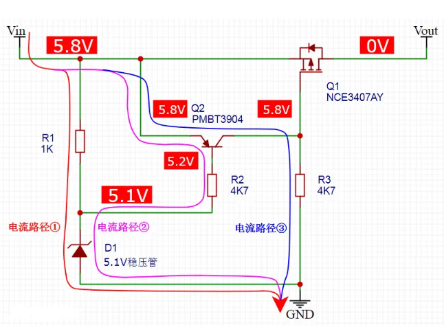 mos管和三极管组合短路保护电路